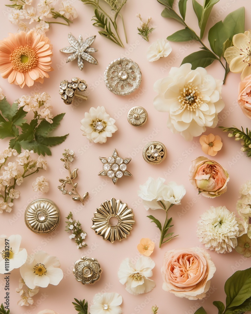Delicate metal ornaments arranged on a pastel background with fresh spring flowers emphasize craftsmanship and seasonal inspiration. Delicate metal ornaments arranged on a pastel background with fresh spring flowers emphasize craftsmanship and seasonal inspiration.
