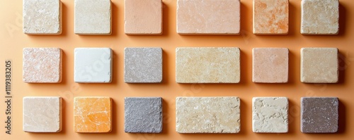 Wallpaper Mural Horizontal top-down minimalistic flat lay composition of square ceramic tiles on light orange background Torontodigital.ca