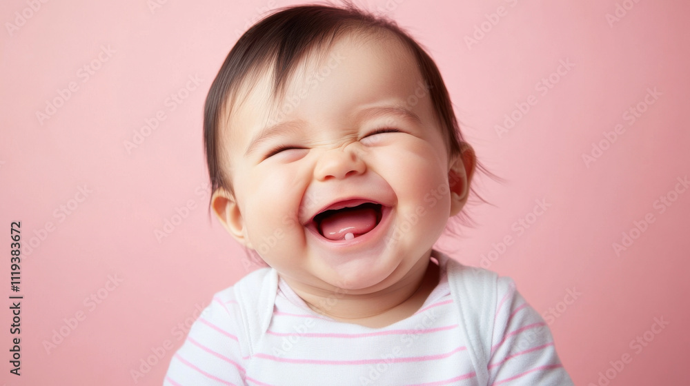 Happy baby laughing joyfully with bright smile against pink background, capturing essence of innocence and joy Happy baby laughing joyfully with bright smile against pink background, capturing essence of innocence and joy