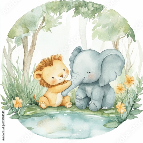 Adorable baby lion and baby elephant playing together near a tranquil jungle pond in vibrant watercolor Rich colors and whimsical depiction of these two young animals coexisting and exploring their
