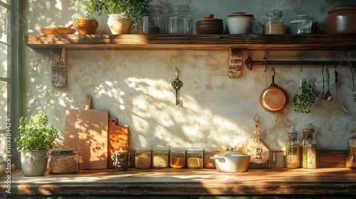 Inviting kitchen scene with a decorative key hanging on a wall, surrounded by warm colors and homey details.