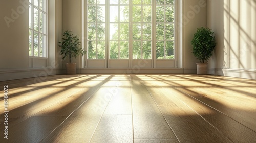 Laminate flooring with natural light streaming in, creating warm shadows and depth in a room.