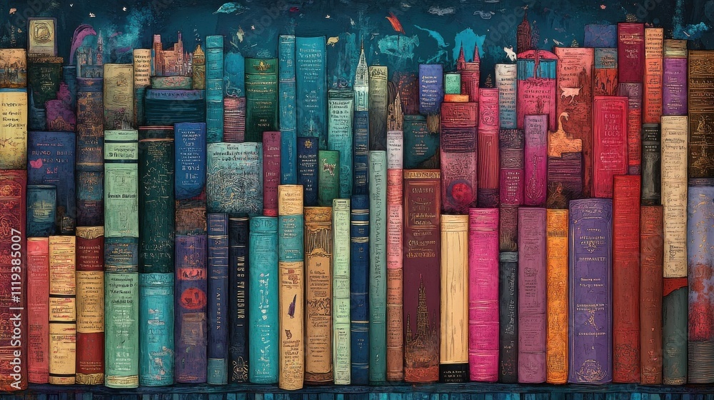 Library shelves filled with colorful spines, creating a vibrant tapestry of literary worlds. Library shelves filled with colorful spines, creating a vibrant tapestry of literary worlds.