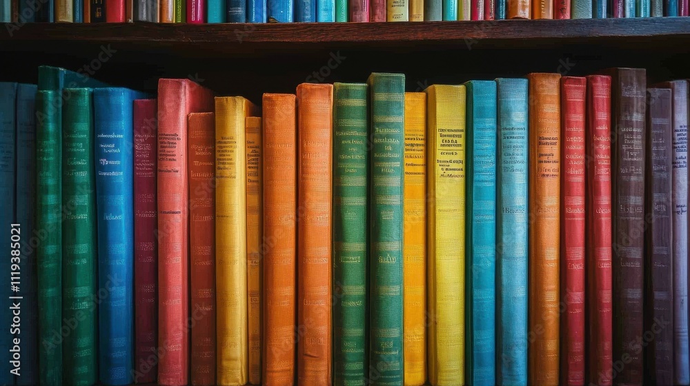 Library shelves filled with colorful spines, creating a vibrant tapestry of literary worlds. Library shelves filled with colorful spines, creating a vibrant tapestry of literary worlds.