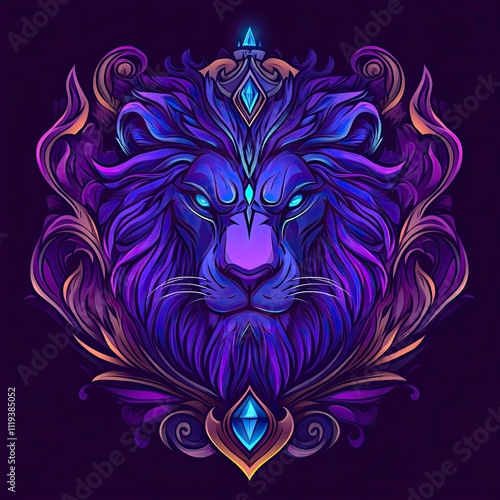 Majestic Mystical Lion: A Neon Purple Portrait with Ornate Frame photo