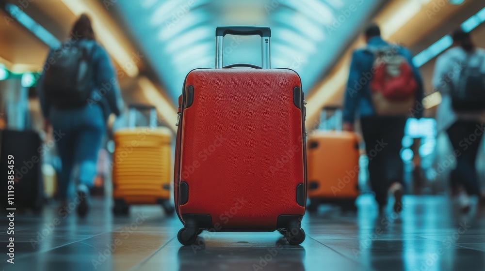 Luggage rolling down a busy airport terminal, with travelers in motion around it. Luggage rolling down a busy airport terminal, with travelers in motion around it.