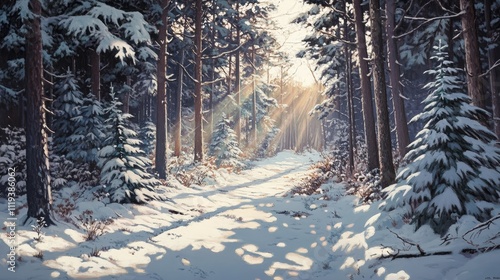 Snow-covered forest with towering evergreens, under a soft winter sun