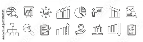 set of data analysis thin line icon. containing chart, database, statistic, monitoring, graph, search, big data analysis icon collections. vector illustration
