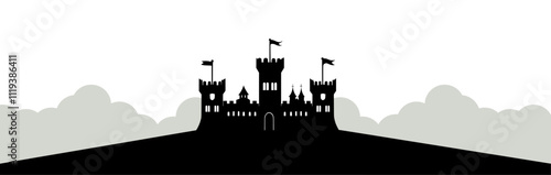 A silhouette of a castle with flags against a light background, evoking fantasy and adventure.