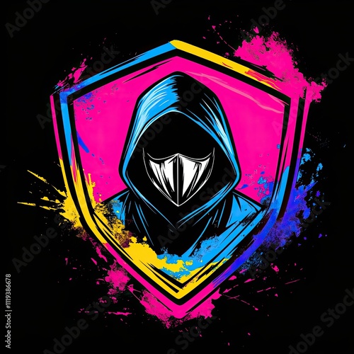 Mysterious Hooded Figure in Vibrant Splash Art: A Cyberpunk Style Illustration photo