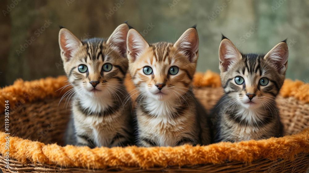 Three cute kittens in a woven basket Three cute kittens in a woven basket