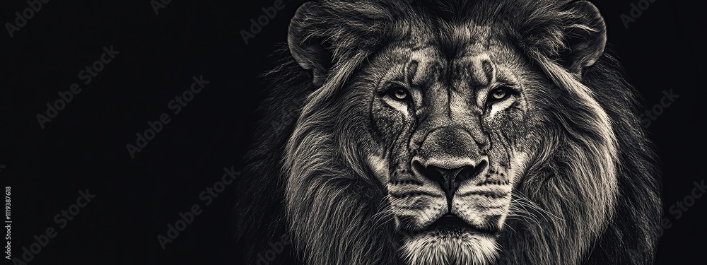 Striking black and white lion with fierce face on black background Striking black and white lion with fierce face on black background