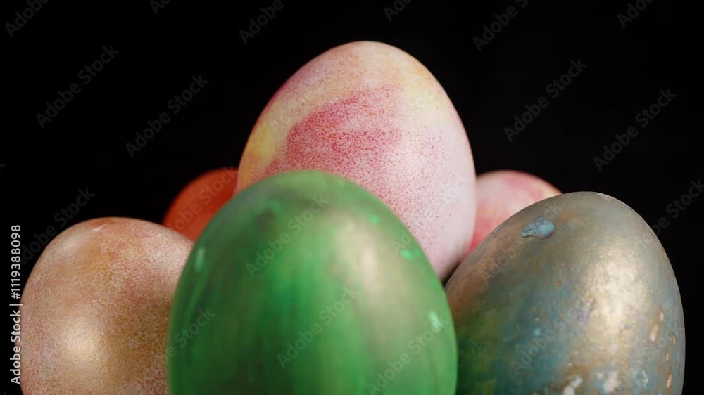 A group of colorful Easter eggs, including green, orange, and marbled pink-yellow, arranged together with a black background. looped rotation. A group of colorful Easter eggs, including green, orange, and marbled pink-yellow, arranged together with a black background. looped rotation.