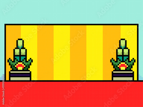 門松と屏風のレトロゲーム風ドット絵背景