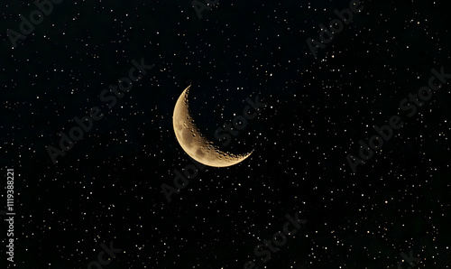 A crescent moon shines amidst a starry night sky, evoking a sense of calm and wonder.