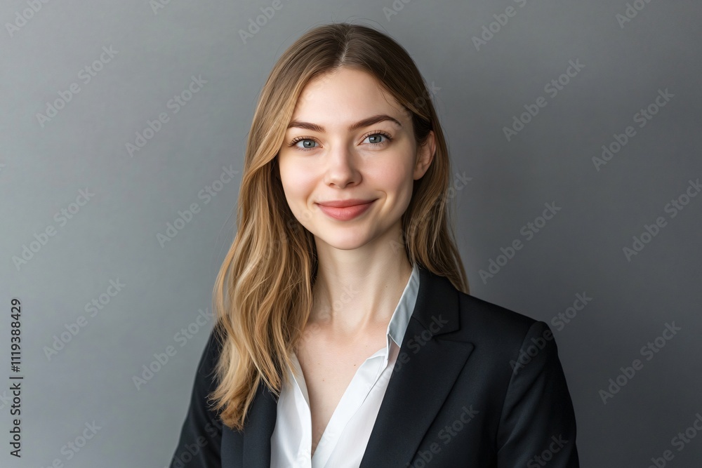 Professional Young Woman Smiling in Business Attire with Gray Background Professional Young Woman Smiling in Business Attire with Gray Background