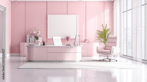 Modern pink office interior with desk, chair, and decorative plants 