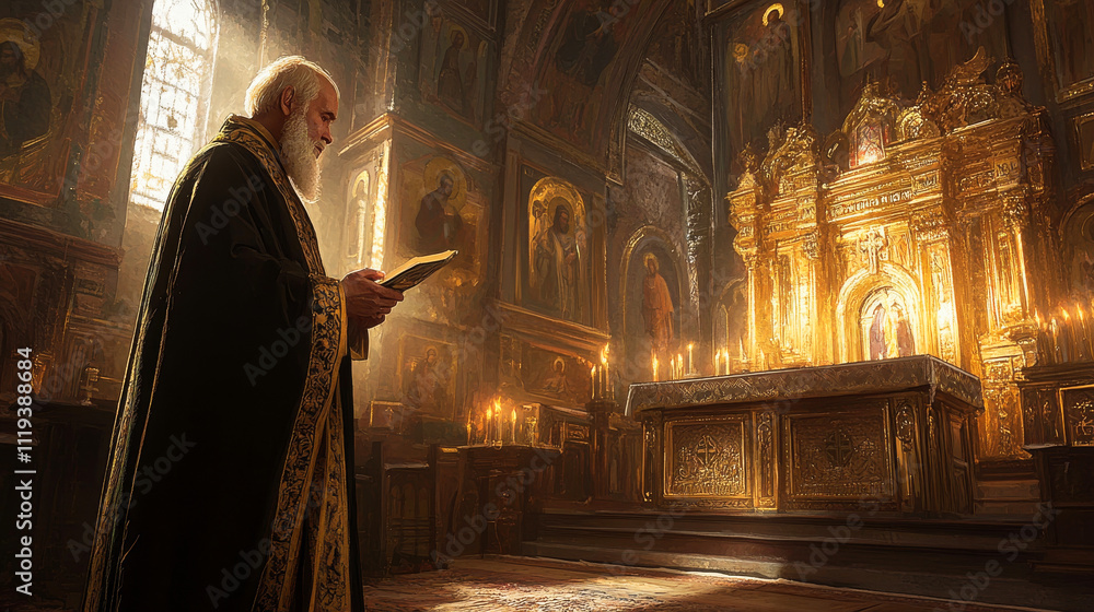 An orthodox priest or monk in an orthodox church An orthodox priest or monk in an orthodox church