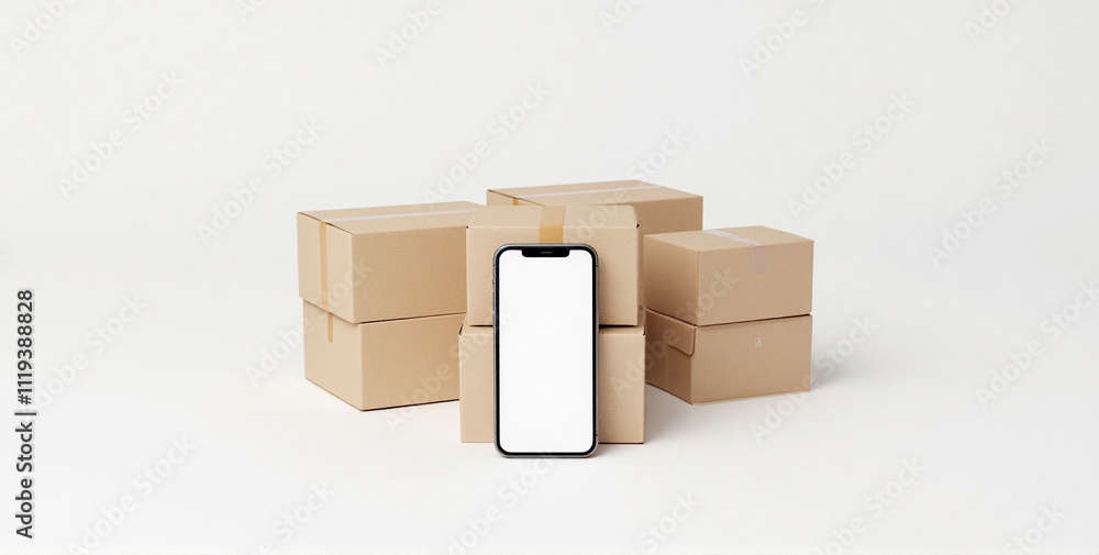 Obraz premium a smartphone mockup placed in the foreground with cardboard boxes stacked neatly behind on a white background