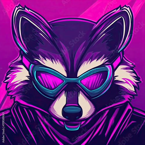 Retro Cyberpunk Raccoon Illustration: A Futuristic Masked Bandit photo