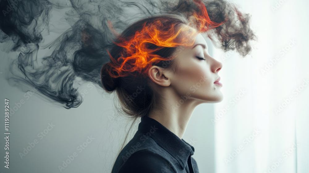 Creative portrait of woman with smoke and fire elements, symbolizing intense emotions and thoughts. contrast of light and dark adds depth to image Creative portrait of woman with smoke and fire elements, symbolizing intense emotions and thoughts. contrast of light and dark adds depth to image