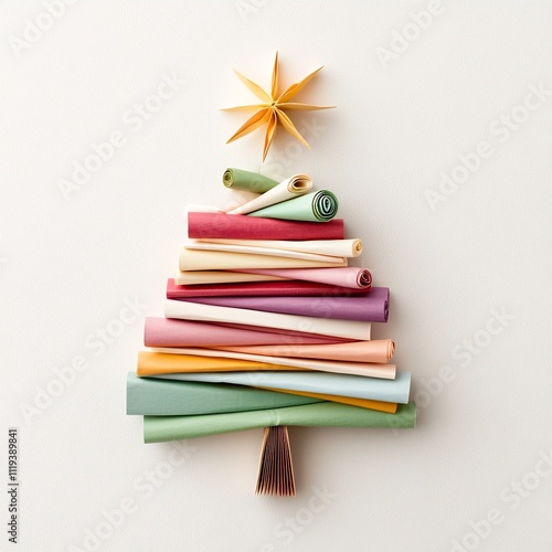 Christmas tree idea creativity concept. Colorful paper rolls arranged as a Christmas tree with a star on top. photo