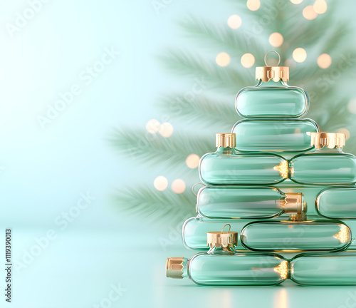 Christmas tree idea creativity concept. Stacked green bottles resembling a Christmas tree with a soft blurred background of lights and pine.