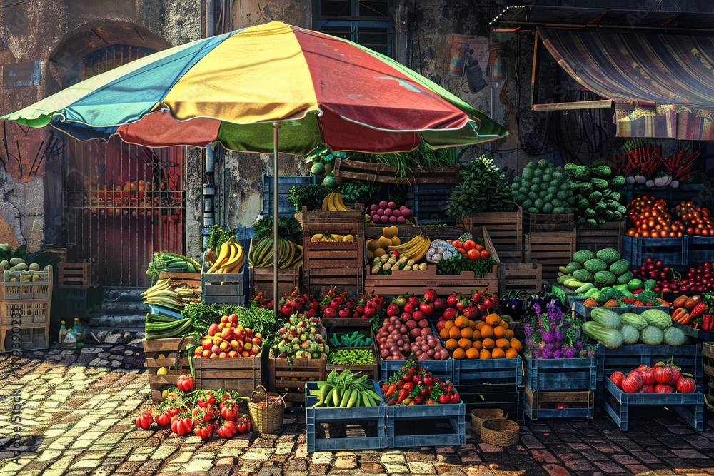 Fototapeta premium A bazaar corner with stacked crates of fresh produce in vibrant colors, arranged neatly under a colorful umbrella.