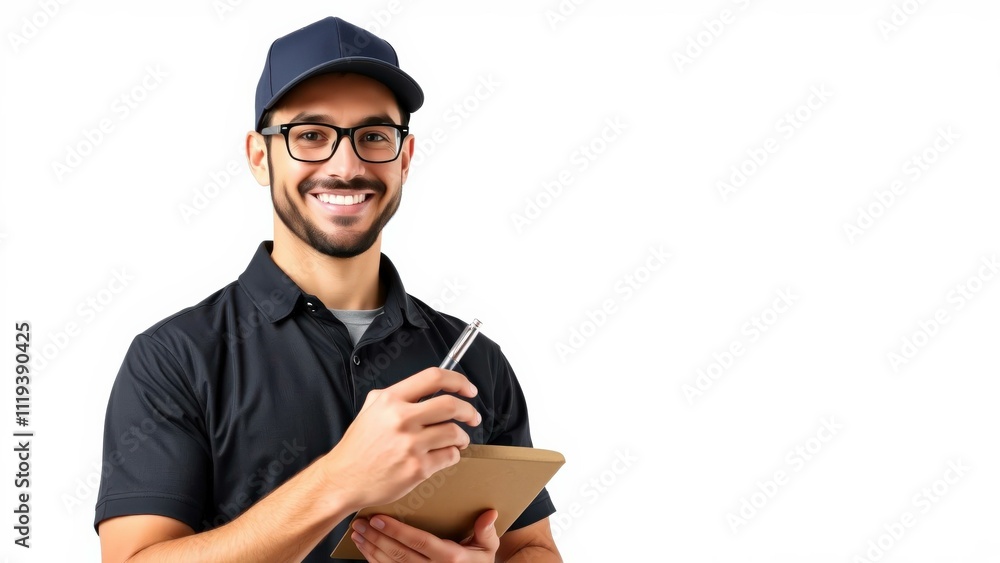 Professional Delivery Man with Clipboard and Pen, Ideal for Logistics, Customer Service, and Delivery Services Marketing Professional Delivery Man with Clipboard and Pen, Ideal for Logistics, Customer Service, and Delivery Services Marketing