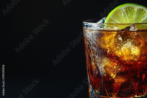 Refreshing Glass of Cold Beverage with Lime Slice and Ice Cubes photo