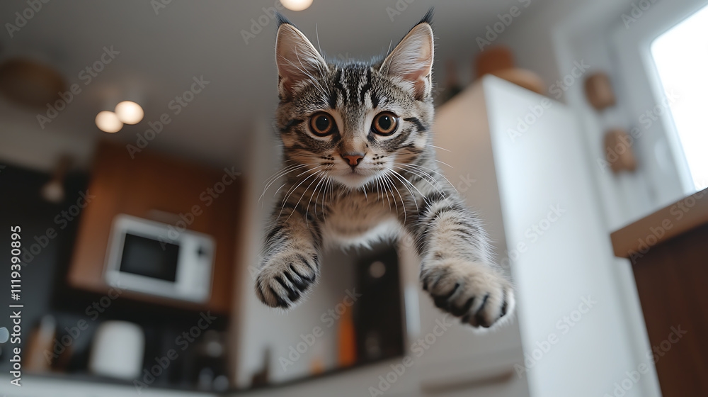 Adorable Kitten in Mid-Air Leap Through Modern Kitchen Interior Adorable Kitten in Mid-Air Leap Through Modern Kitchen Interior