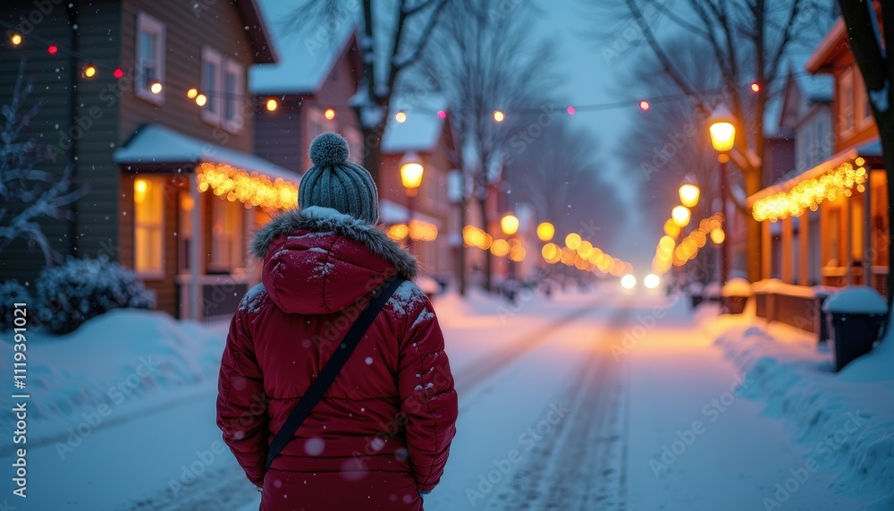 Colorful Holiday Lights Glimmering on a Winter Street with Snow Falling Gently. Colorful Holiday Lights Glimmering on a Winter Street with Snow Falling Gently.