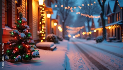 Wallpaper Mural Colorful Holiday Lights Glimmering on a Winter Street with Snow Falling Gently. Torontodigital.ca