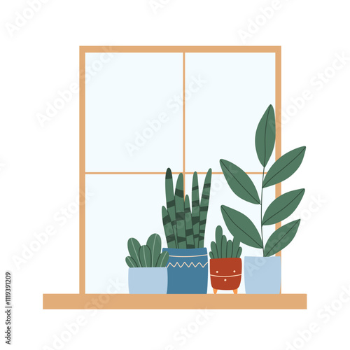 Indoor plants in a pot on the window. House plants stand on the windowsill. Vector illustration.Flat style. Modern plants in pots.