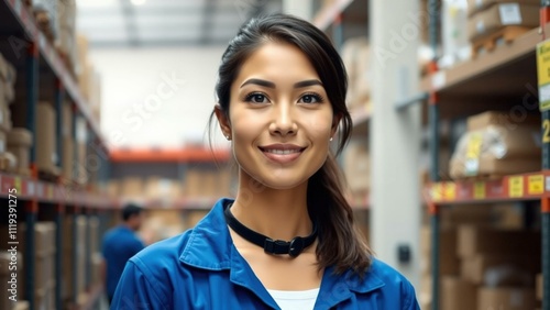 Professional Warehouse Worker in Blue Uniform Smiling at Camera