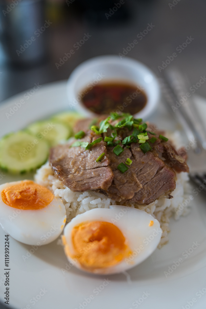 Slice of stewed pork eaten with rice served with boiled egg and cucumber sprinkled with coriander. Close up Slice of stewed pork eaten with rice served with boiled egg and cucumber sprinkled with coriander. Close up
