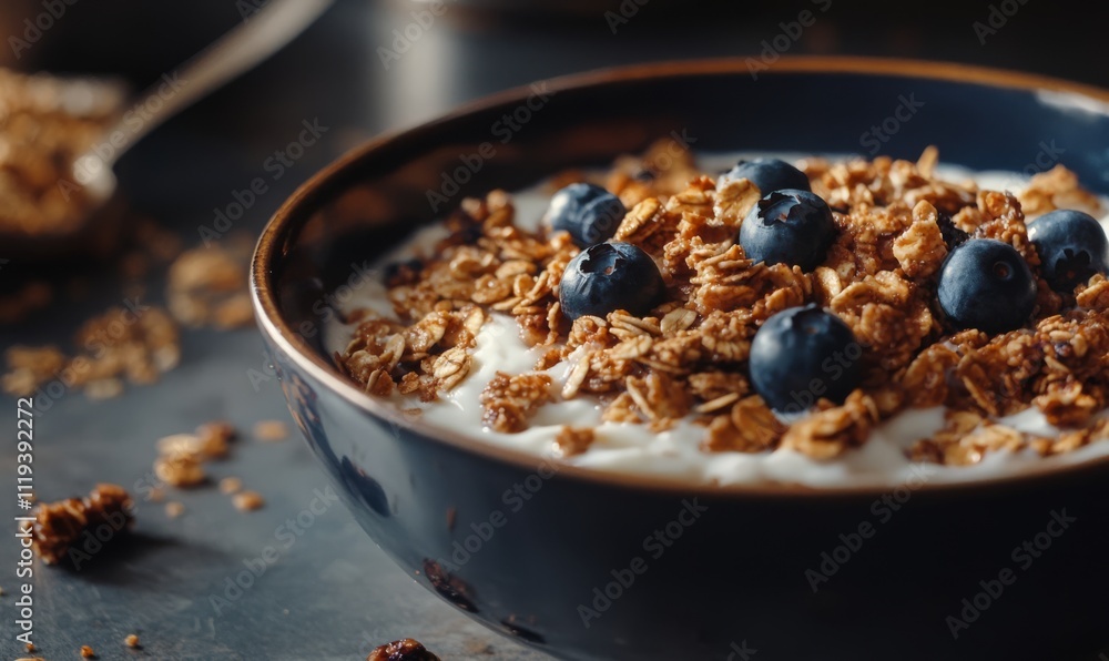 Granola with yogurt and blueberries. Healthy breakfast, on rustic background Granola with yogurt and blueberries. Healthy breakfast, on rustic background