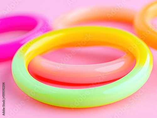 Colorful, translucent plastic rings stacked on a pink background 