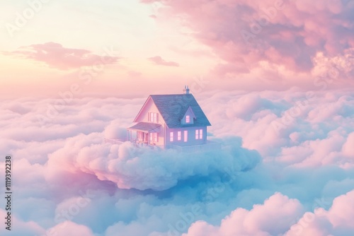 whimsical house floating on clouds during a pastel sunset 