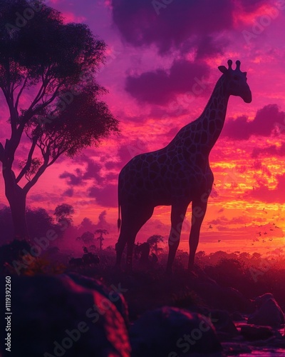  silhouette of a giraffe against a vibrant sunset sky with dramatic clouds 