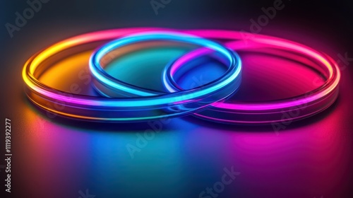 Intertwined neon rings, vibrant colors, glowing.