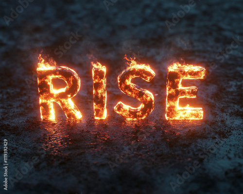 Fiery Text Art The Word RISE Engulfed in Flames Against Dark Background