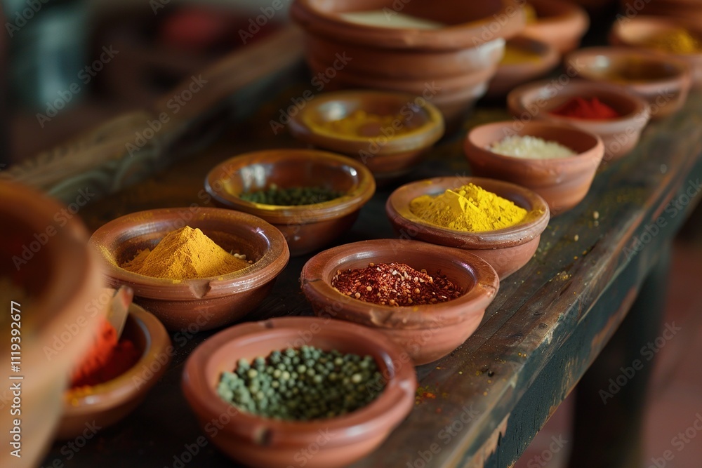 Fototapeta premium A stall filled with aromatic spices in small clay bowls, with vivid colors like red, yellow, and green popping against a dark wooden counter.