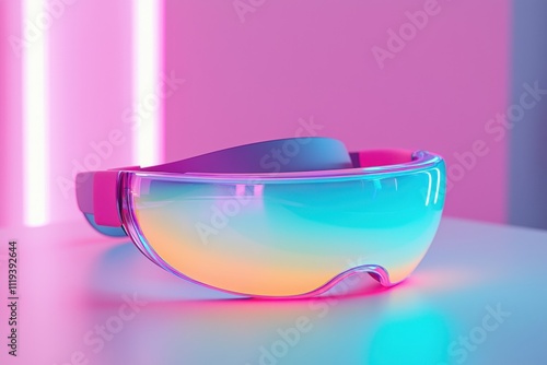Futuristic eyewear with a vibrant gradient design against a neon backdrop 