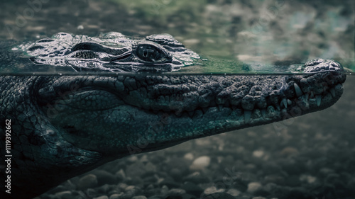 head of a large crocodile alligator in the water close up photo