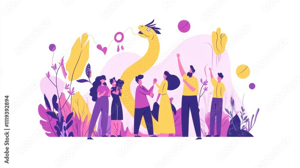 Cute cartoon family celebrating with a dancing dragon and snake, surrounded by lucky symbols. Cute cartoon family celebrating with a dancing dragon and snake, surrounded by lucky symbols.