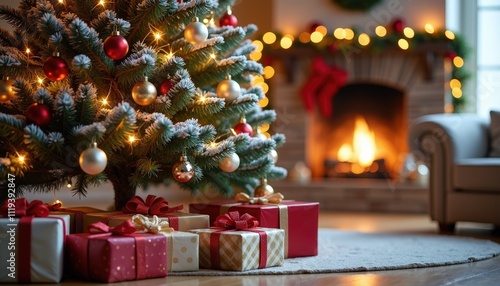 Snowy Christmas Tree Surrounded by Presents and Glimmering Lights in a Warm Living Room.