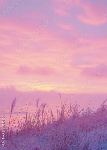  serene landscape at sunset with soft pink and purple hues, highlighting tall grass 