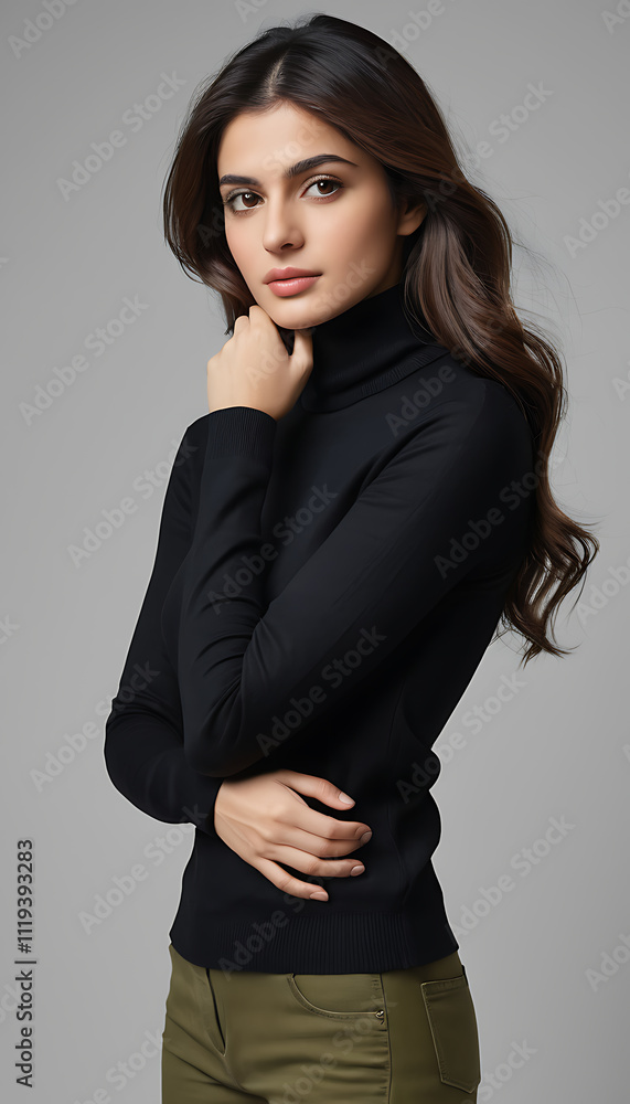 Portrait of a Young Woman in a Black Turtleneck Sweater A Stunning Fashion Photography Studio Shot Portrait of a Young Woman in a Black Turtleneck Sweater A Stunning Fashion Photography Studio Shot