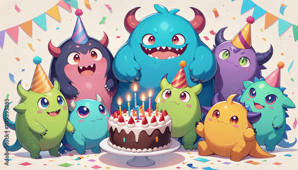 Fototapeta premium A funny Birthday monster with cake and balloon